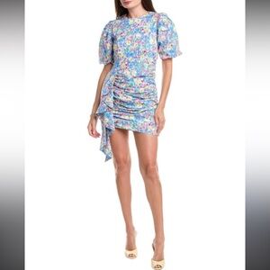 En Saison Sia Floral Ruched Mini Dress Puff Sleeve Summer L